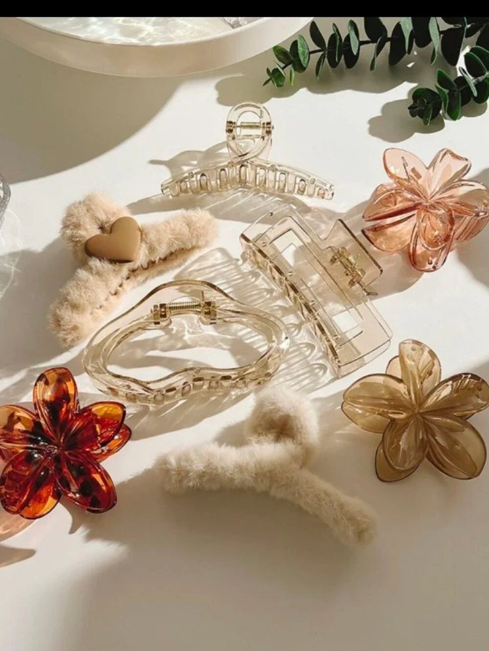 Plush Beige Flower Clip & Neutral Acrylic Hair Clip Set